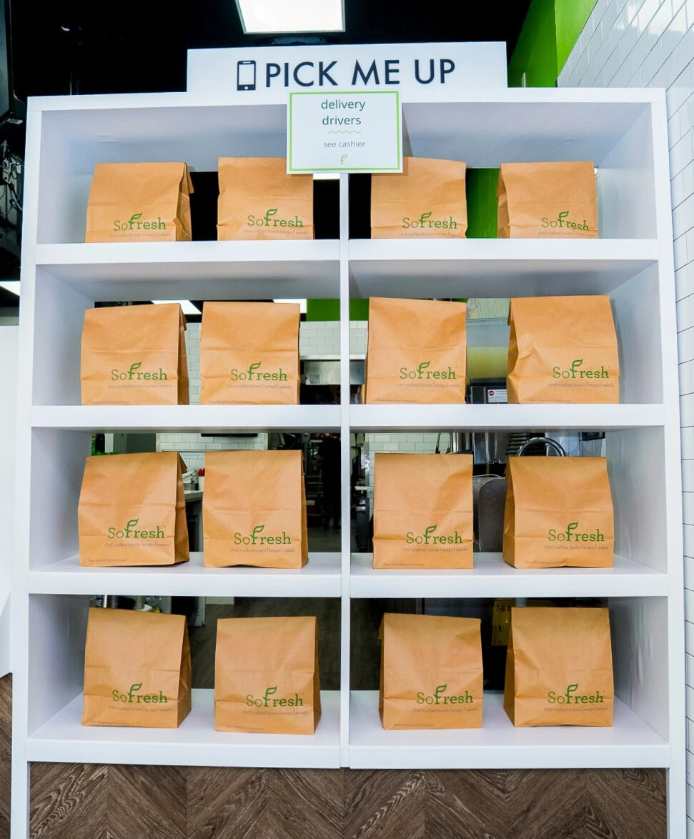 SoFresh pickup cubby shelf stocked with ready-to-go orders